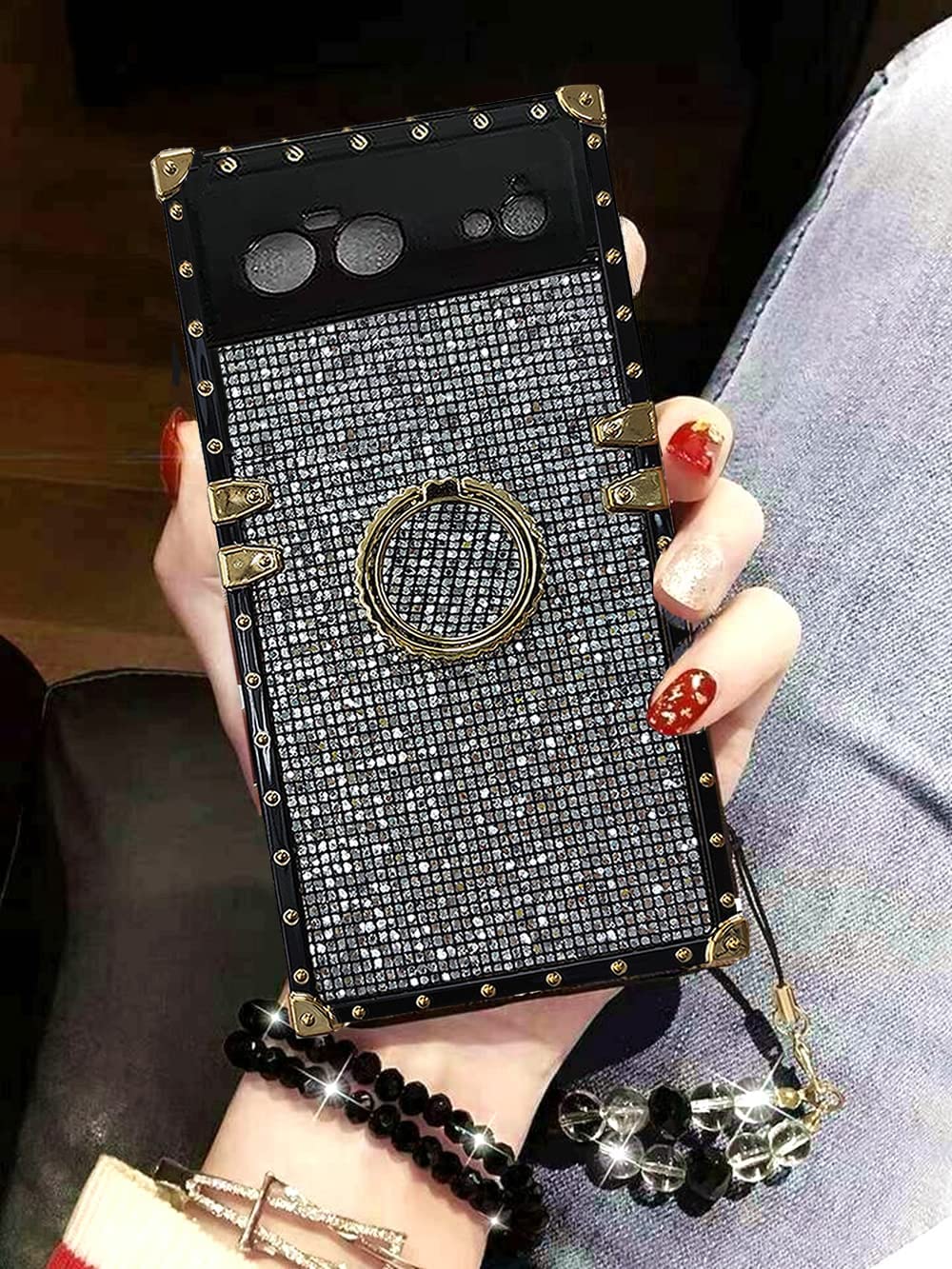 for Google Pixel 7 Pro 2022 Case,Babemall Luxury Stylish Retro Bling Glitter Design Crystal Strap Chain Heavy Duty Shockproof Hybrid Full Body Case with Holder (Black)