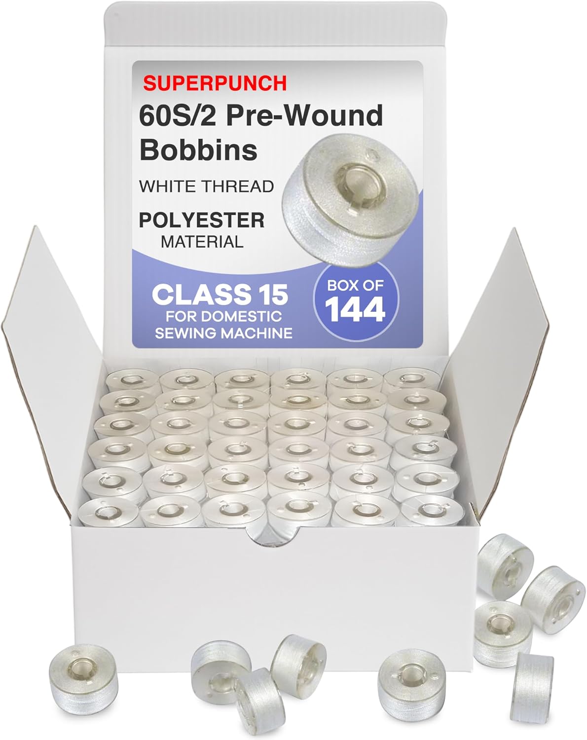 Superpunch 60S/2 Polyester Pre-Wound Bobbins Thread, Class 15 A, Superb White 60wt. Sewing Thread – 144 Bobbins, Sewing Machines DIY Embroidery Polyester