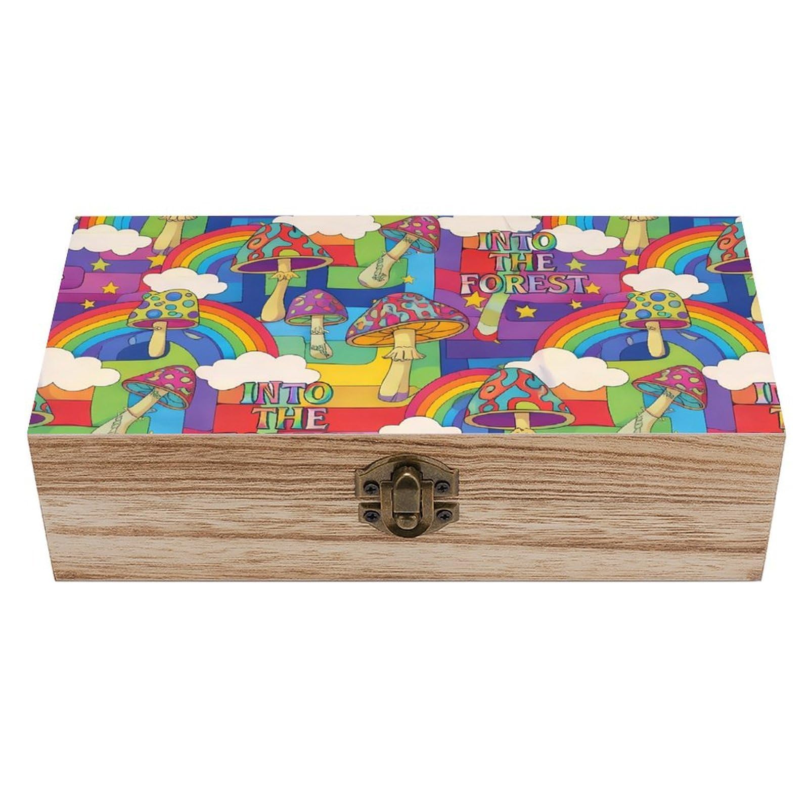SMAZDFXX Trippy Mushroom Wooden Storage Box With Hinged Lid Decorative Front Clasp Keepsake Boxes