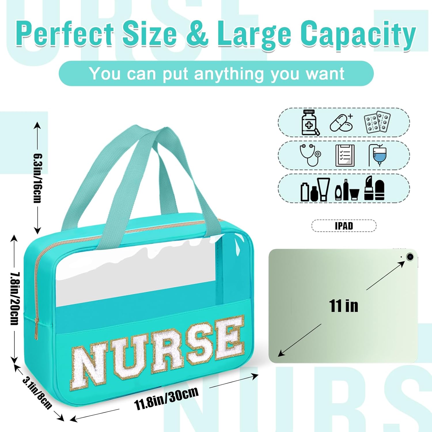 Nurses Week Gifts Chenille Letter NURSE Makeup Bag for Women,Preppy Nurse Cosmetic Pouch Zipper with Handle Nurse Essentials Bag for Work Supplies,Medical Assistant Bag Nursing Students(NURSE-Green) - Image 2