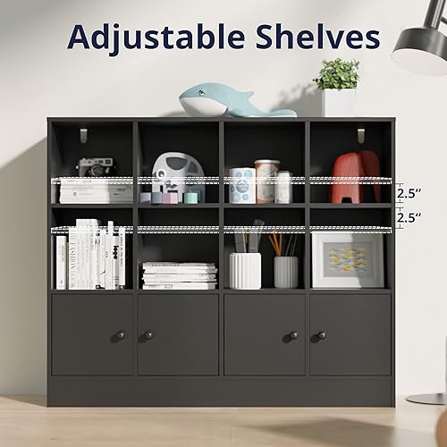 Miniatura 6 de Cozy Castle Estantería negra con 12 cubos y 4 puertas, estantería abierta de 2 niveles con dispositivo anti-inclinación para dormitorio, sala de