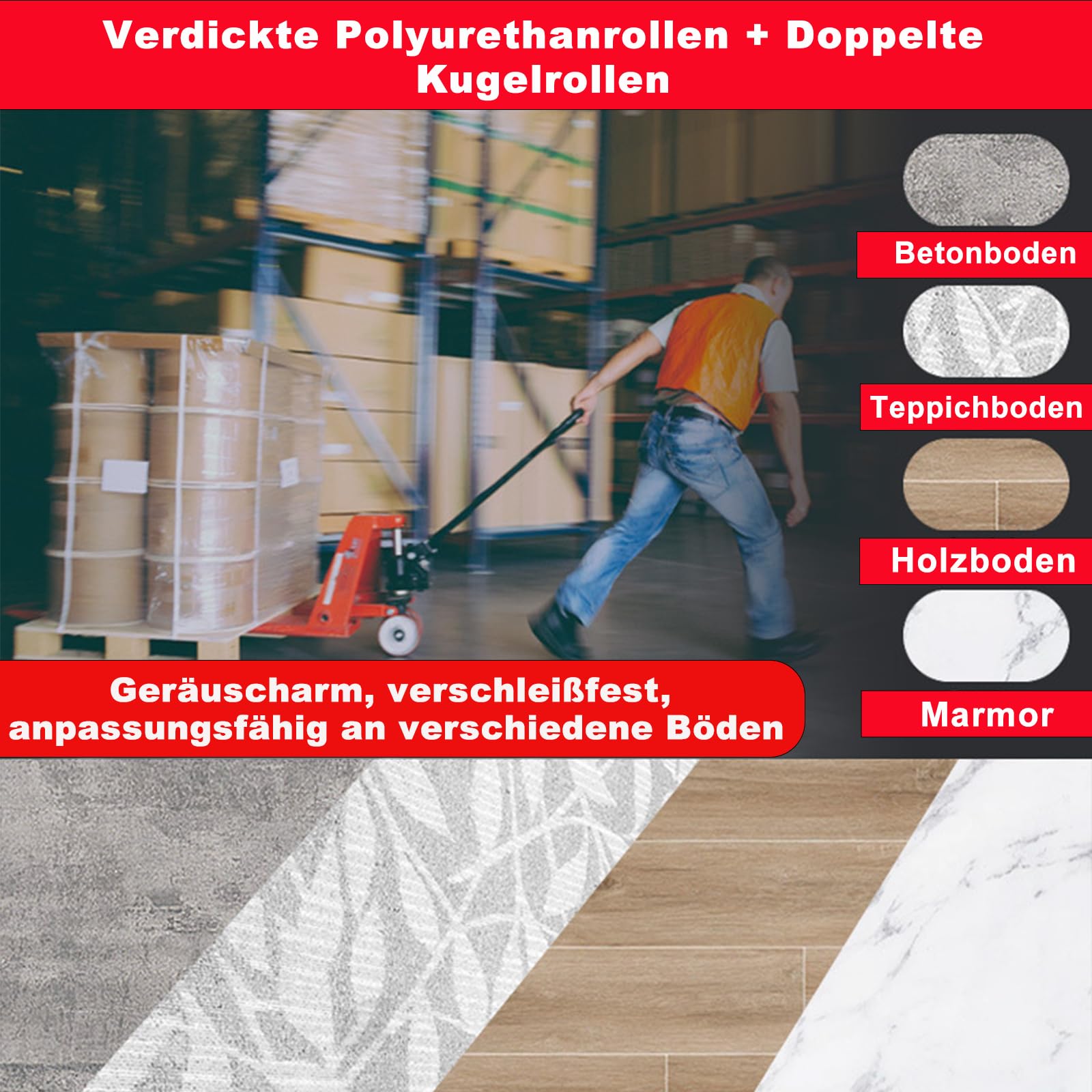 4 Stück Hubwagen rollen Polyurethan 80 x 70 mm,Achse 20 mm,Max 600 KG,Rot | Rollen mit kugellager,Hubwagen ersatzteile,Abriebfester,für Hubwagen Ersatzrollen,schont den Boden,geräuscharm