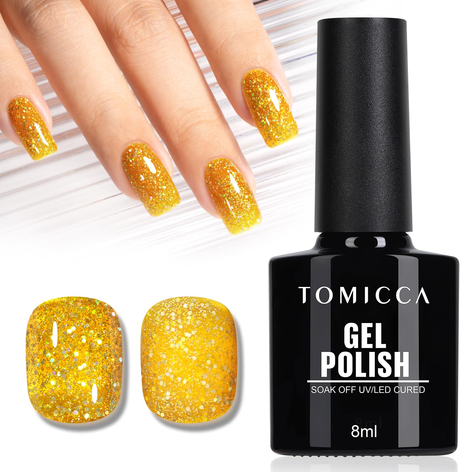 TOMICCA UV Nagellack Glitter Gold, UV/LED Gel Nail Polish Soak Off Manicure DIY Art Manicure Salon, 8ML