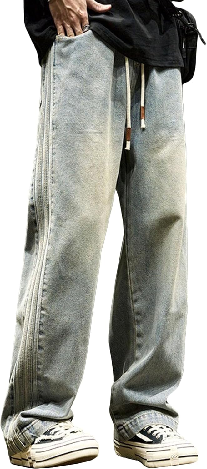 Men Distressed Wide-Leg Denim Pants Vintage Wash Side Stripes Straight Jeans Y2K Street Drawstring Loose Fit Trouser
