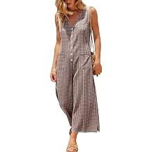 UANEO Women's Button Down Gingham Plaid Jumpsuit Casual Daily Sleeveless Wide Leg Romper Relaxed Summer Overall with Pockets