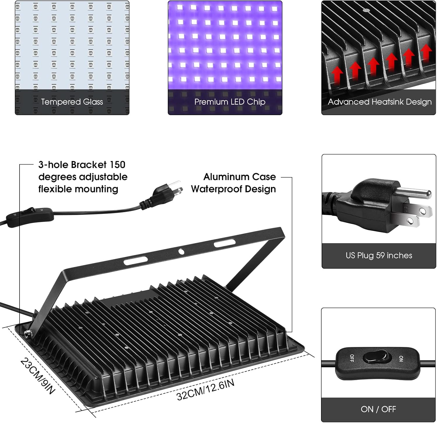 4 Pack 300W LED Black Flood Light, Outdoor with Plug and Switch, IP66 Waterproof Blacklight for Glow Party, Halloween, Fluorescent Poster, Body Paint, Aquarium