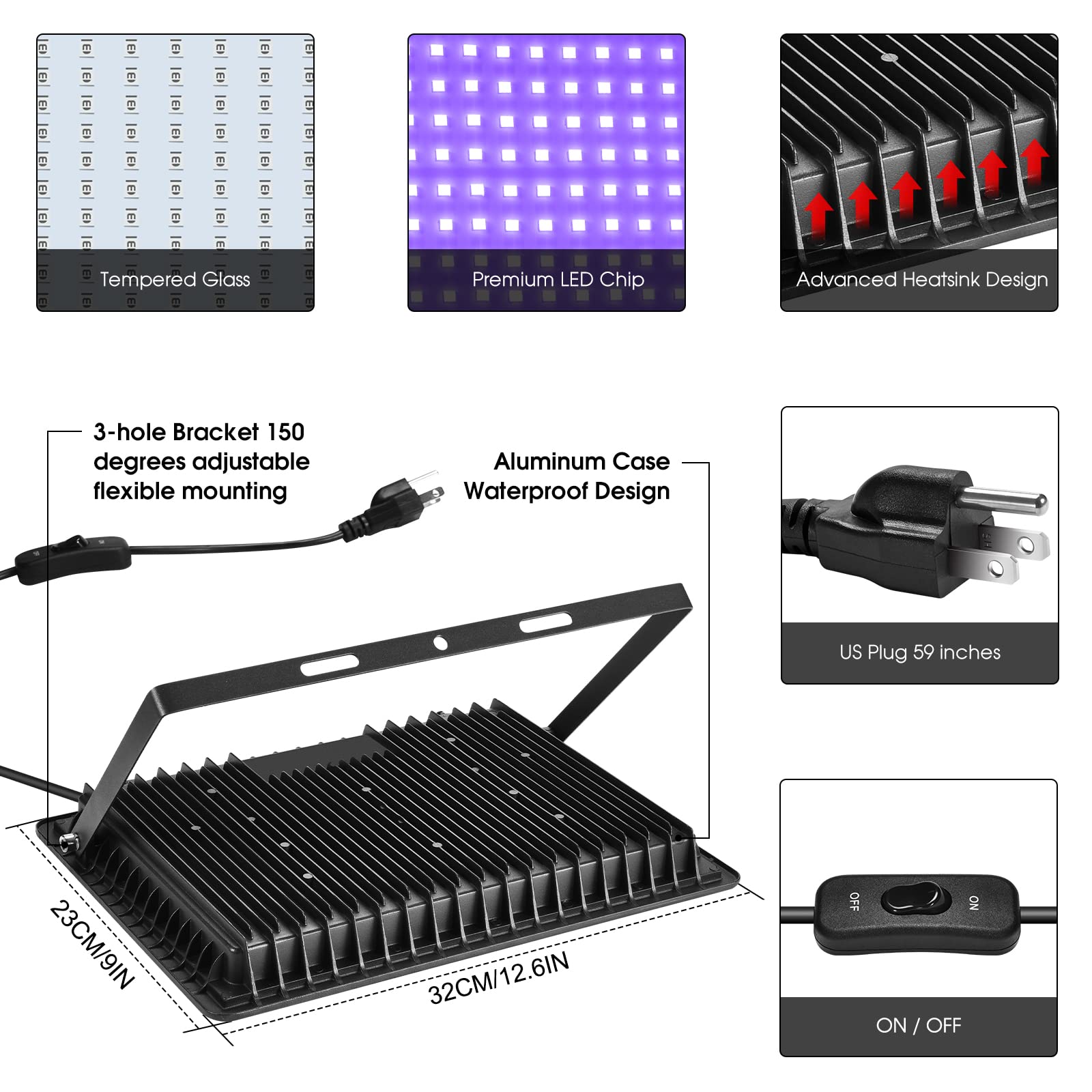 YANYCN 4 Pack 240W LED Black Light,Black Flood Light Outdoor with Plug and Switch, IP66 Waterproof Blacklight Flood Light Neon Glow for Glow Party, Halloween, Fluorescent Poster, Body Paint, Aquarium