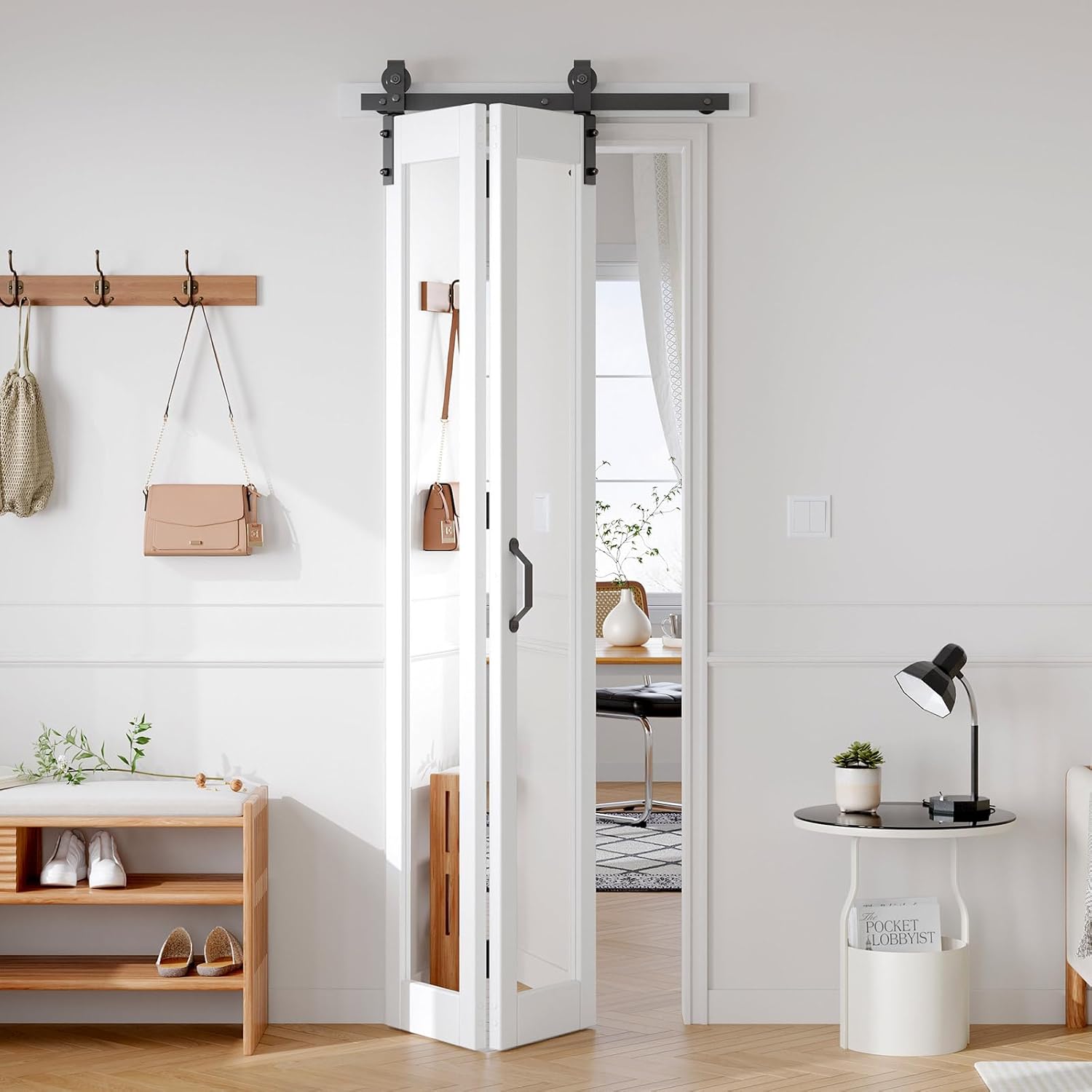 FREDBECK Preassembled Bifold Barn Door 28x84 (Double 14x84) with 1 Lites Mirror,Bi-fold Closet Doors Hardware Kit Included,32" Track for 2 Doors, PVC, White,for Living Room, Bathrooms, Kicthen