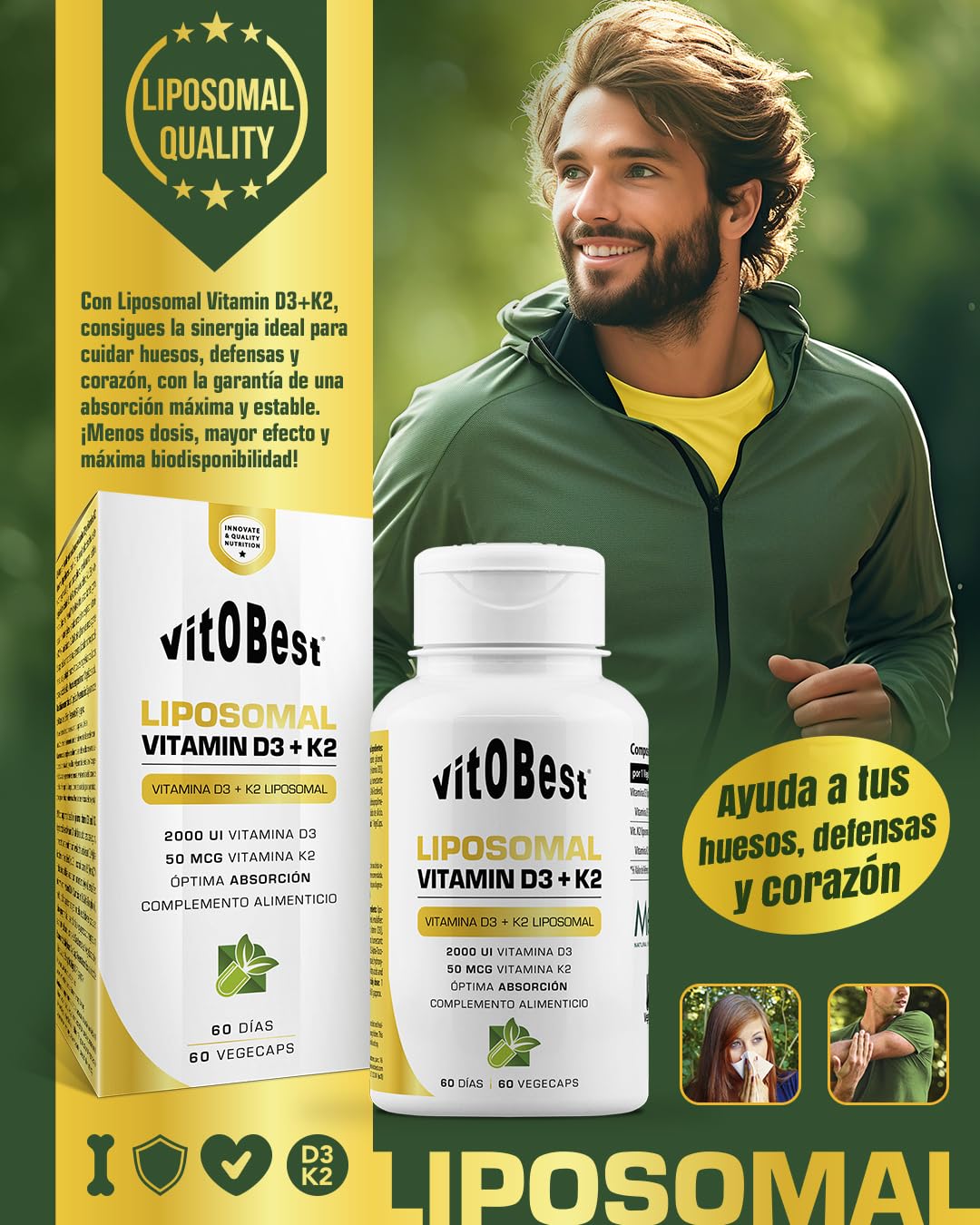 VITOBEST | Liposomal Vitamin D3+K2 | Contribuye a la absorción normal del calcio y al mantenimiento de los huesos | Vitamina D3 + K2 (MK-7) con tecnología liposomal | 60 VegeCaps
