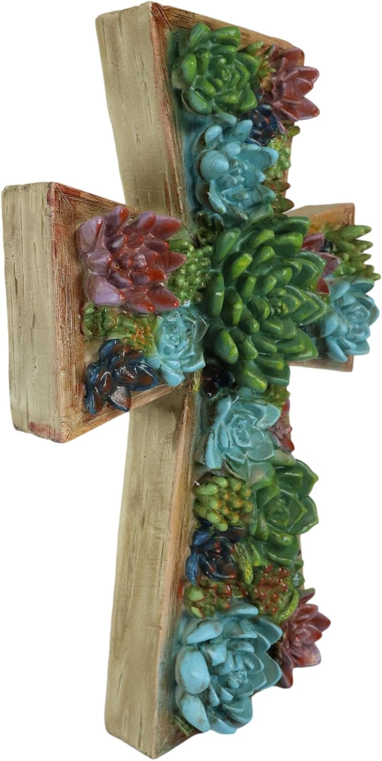 Ebros Rustic Southwestern Colorful Sculpted Resin Cactus Blossoms Succulent Flowers In 3D Wall Cross Art Decor Plaque Native Southwest Western Accent Decorative Crosses
