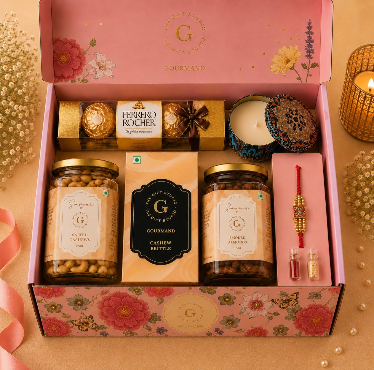 THE GIFT STUDIO.COM | Deluxe Rakhi Gift Hamper | Designer Rakhi, Ferrero Rocher, Premium Dry Fruits & Sandal Bloom Candle | Raksha Bandhan Gift-image-15