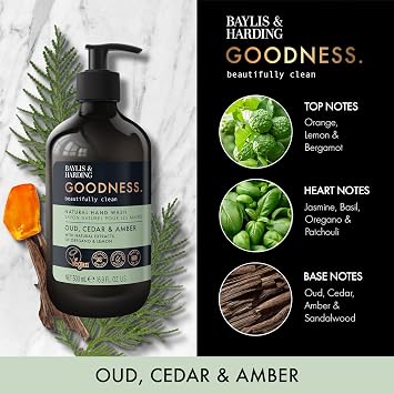 Baylis & Harding Goodness Natural Hand Wash 500ml 3 pack | Oud, Cedar & Amber,98% Naturally Derived, Dermatologist Approved, Vegan Friendly, Made in UK