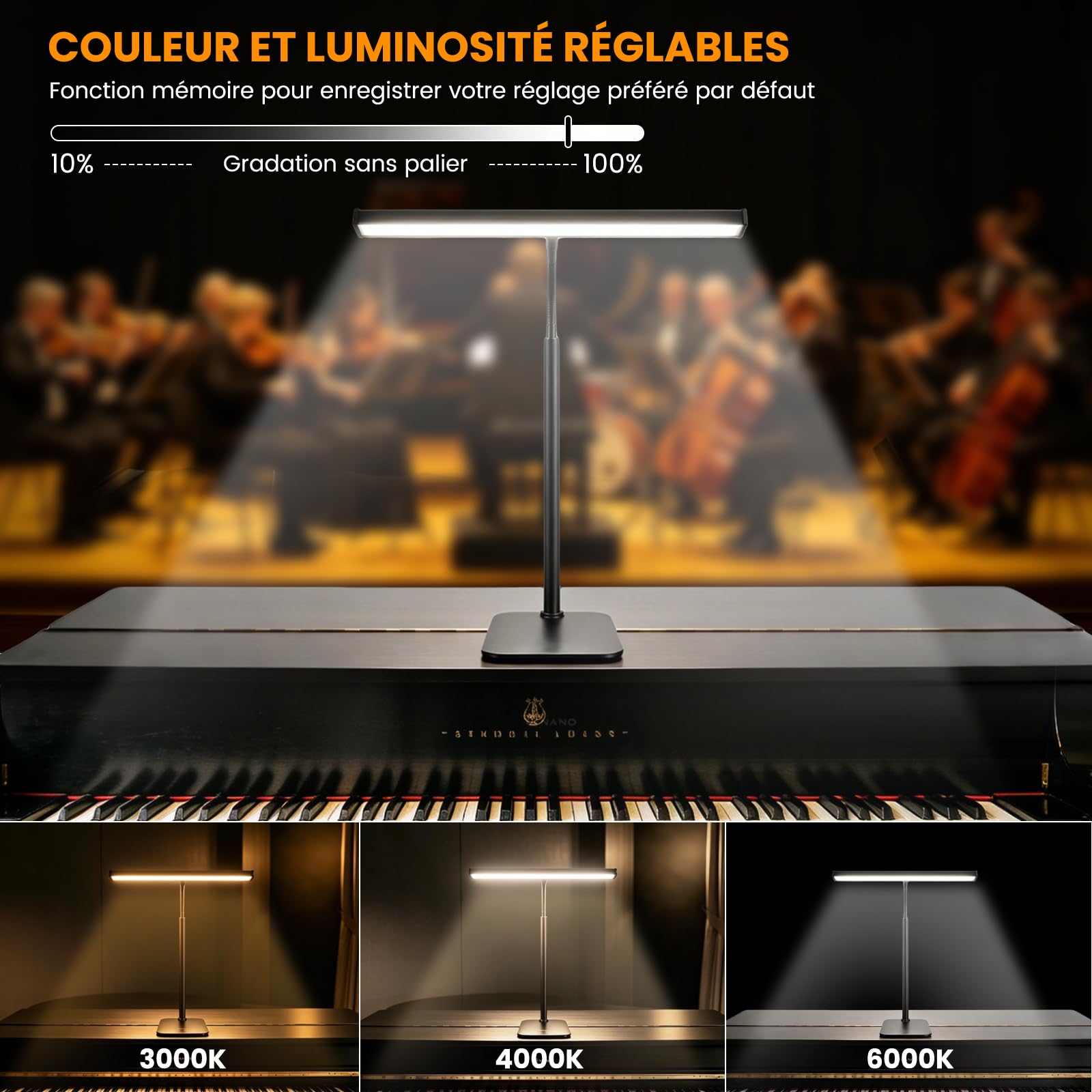 Lampe LED pour Piano, 3 modes de couleur, 10 niveaux de luminosité réglables, alimentation USB, tube flexible à 360°, socle métallique stable, adaptée au piano, piano à queue et bureau