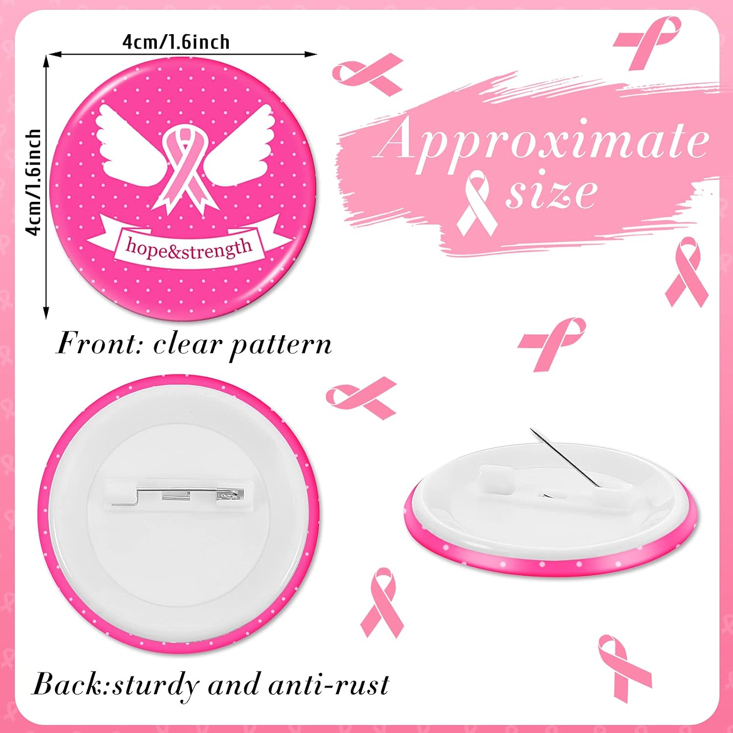 Hicarer Breast Cancer Pins Pink Ribbon Round Buttons image 2