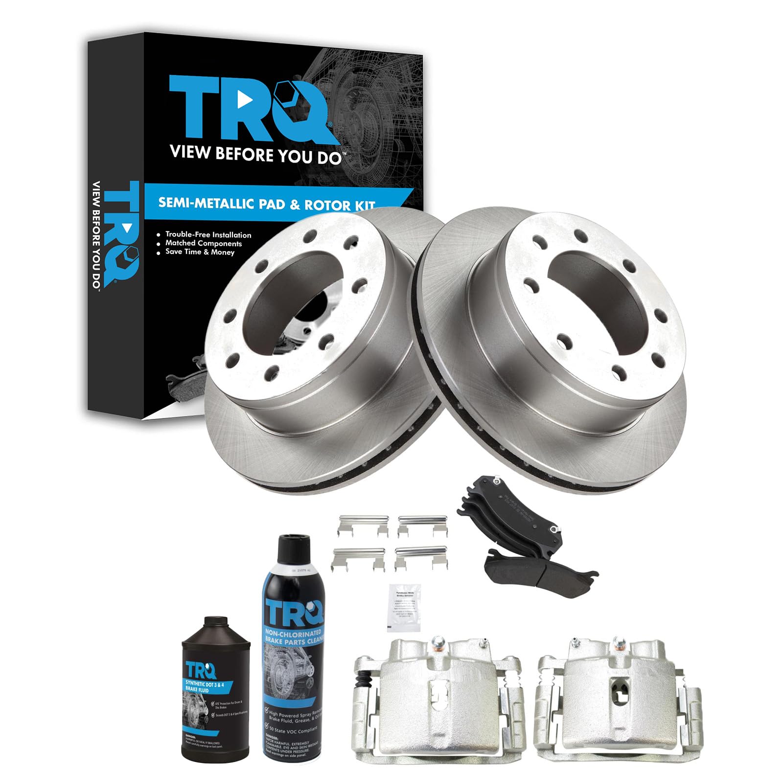 TRQ Rear Brake Pad Caliper &amp; Rotor Kit with Chemical Kit Semi-Metallic