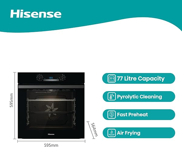 Hisense BI64211PB 77 Litre Built In Electric Single Oven With Pyrolytic Cleaning, Pizza Mode, Multiphase Cooking- Black 22x23x23 inches (LxWxH) - A+ Rated, Extra Large - 2