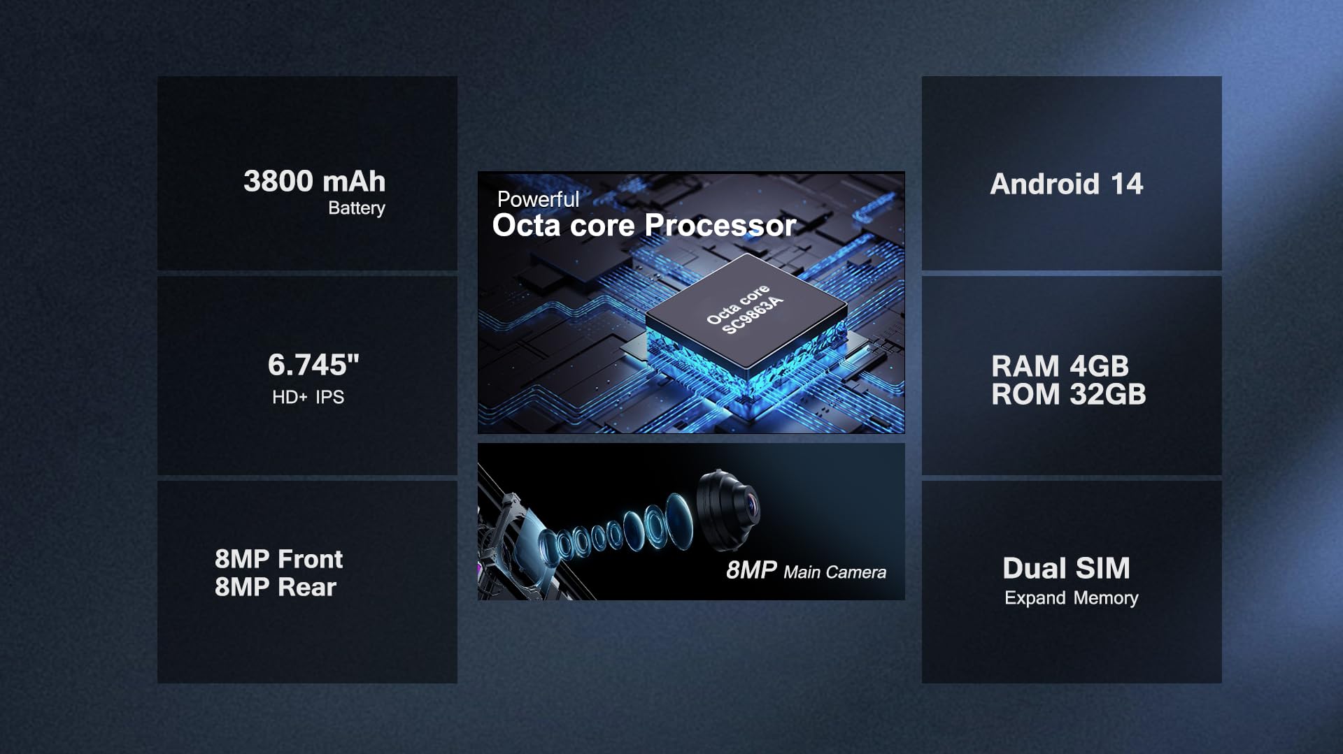 Vortex JK68 Unlocked Android Smartphone, 6.745” HD+ IPS Display, 4GB RAM + 32GB Storage, Dual SIM, Android 14, Black/Grey