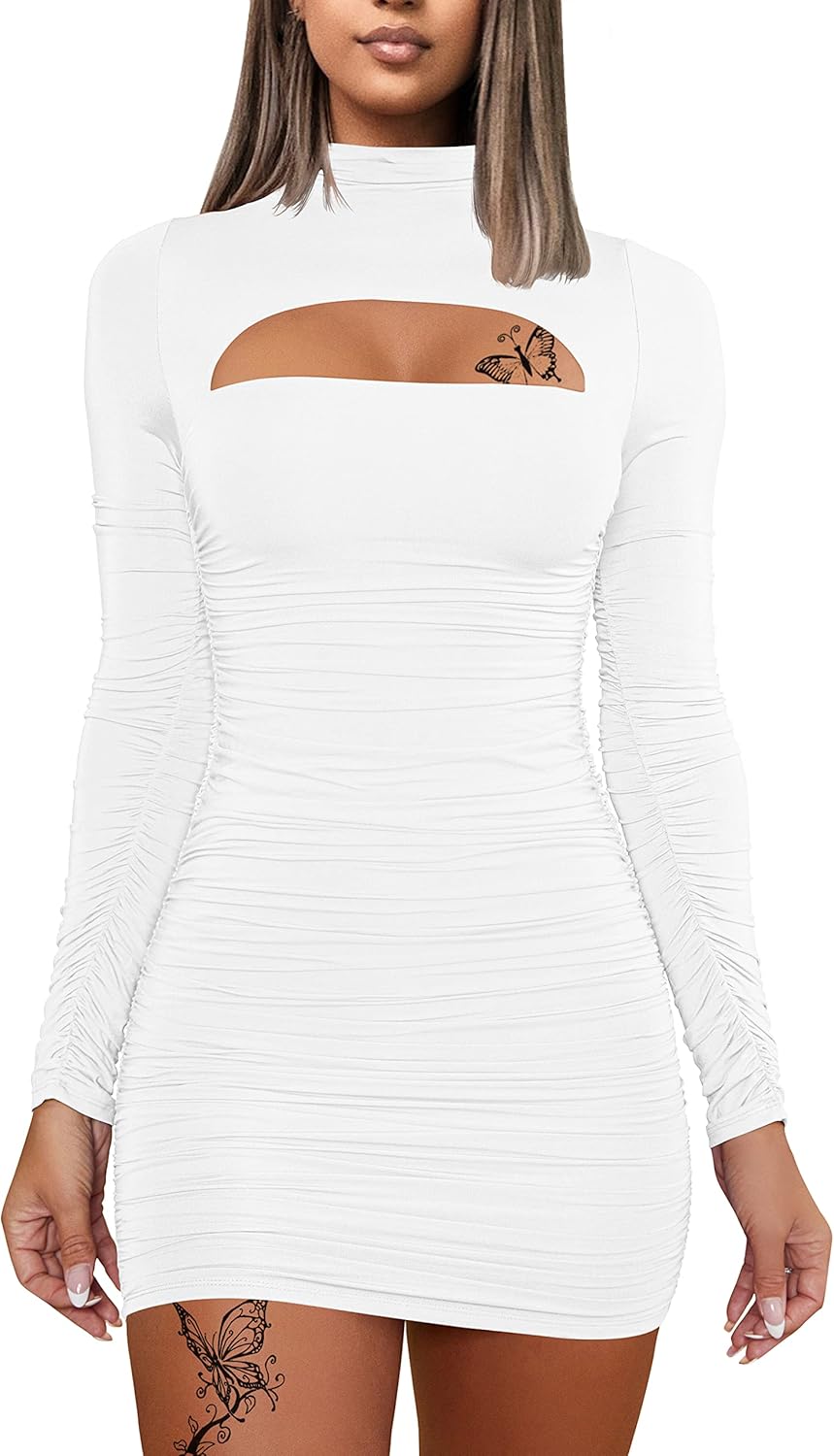 DAAWENXI Women's Sexy Long Sleeve Cut Out Bodycon Ruched Party Club Mini Dress