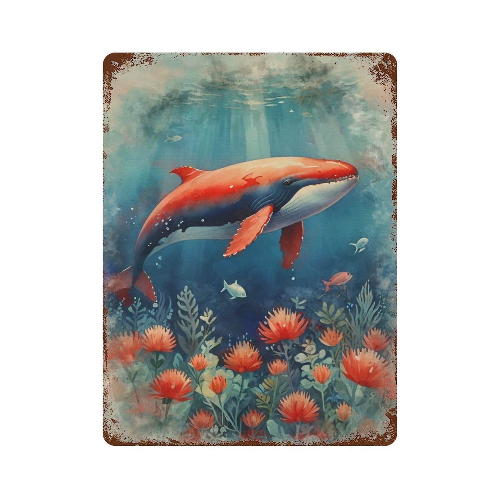 Aged Metal Wall Plaque with Red Whale Underwater Design 15.7"x11.8", for Cafe, Home Bar And Lounge Decor, Novelty Wall Decor