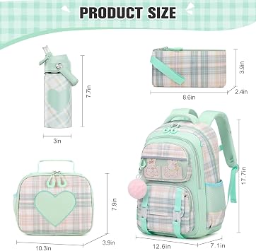 Bevalsa Kids Backpack for Girls with Insulated Water Bottle, Plaid Pink Bookbag Backpack for Girls Kid, 14oz Termos Kids Water Bottle Stainless Steel, Lunch Bag & Pencial Case, Back To School Gift