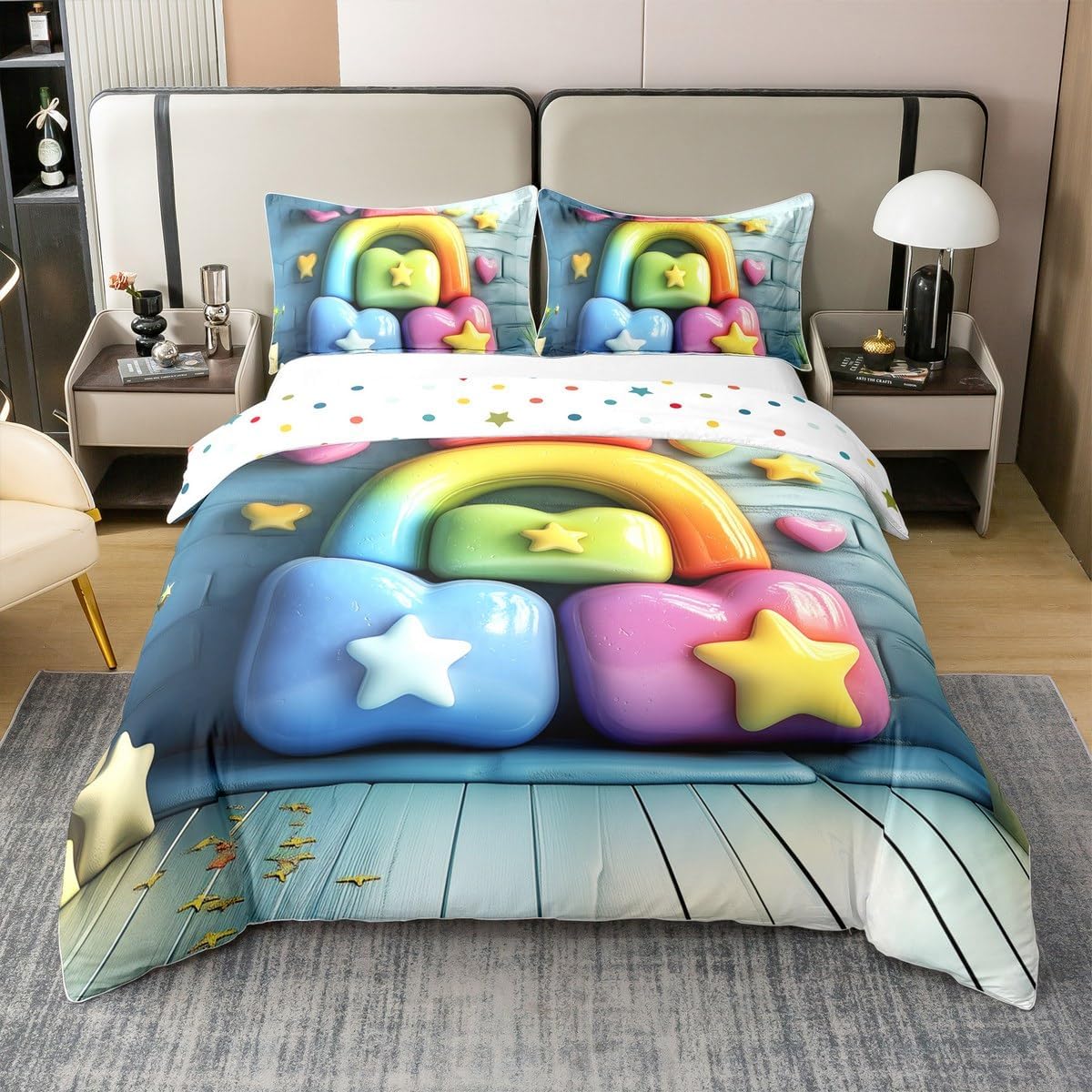 Erosebridal 3D Print Rainbow 100% Cotton Duvet Cover Full Size Abstract Blocks Bedding Set for Kids Children Earphone Stars Ombre Heart Stripe Comforter Cover Soft Breathable Bedclothes