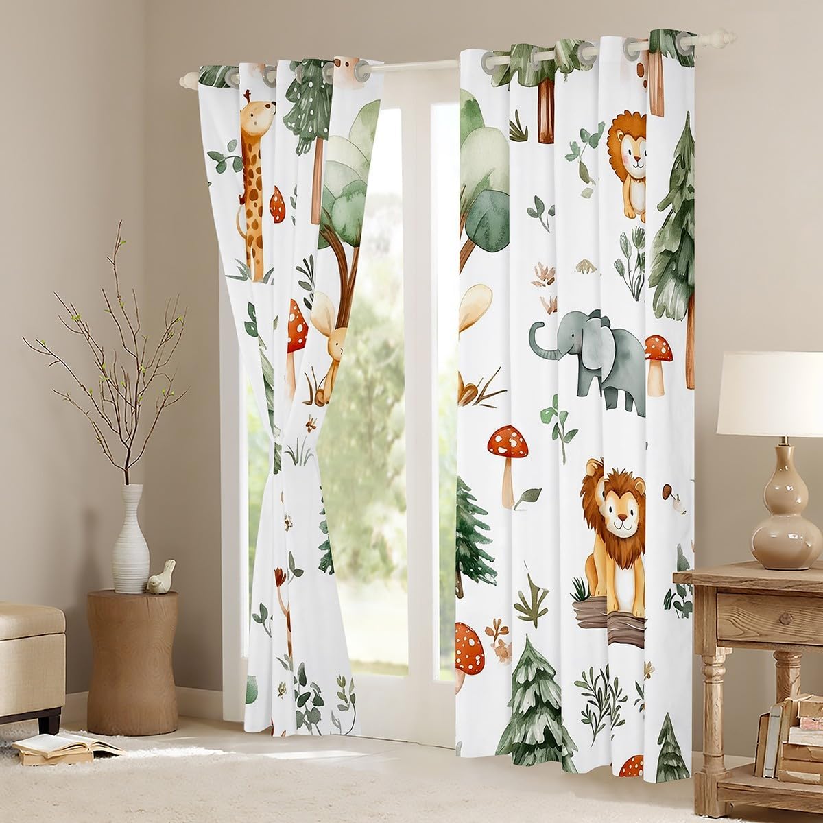 Feelyou Cartoon Zoo Animal Window Curtains for Living Room Cute Lion and Elephant Curtains Blackout for Kids Giraffe Window Drapes Wild Botanical Window Treatments 42W X 90L,2 Panels