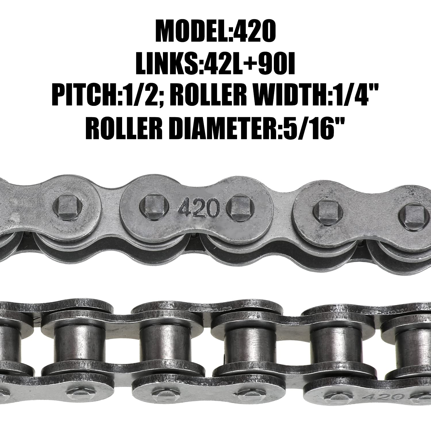 YOXUFA 420 Chain Replacement for Mini Bike Coleman CT200U CT200U-EX BT200X Baja Warrior MB200 Predator 212 200cc 196cc 6.5hp Powersports Parts Jackshaft Front Chain 42 Link + 90 Link Rear Drive Chain - Image 4