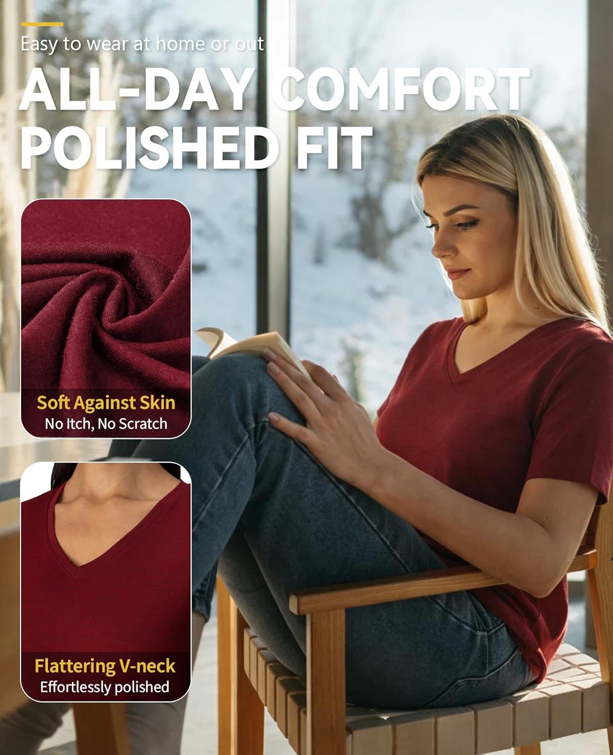 Merino Protect 100% Merino Wool V Neck T-Shirt Women Odor Resistance Short Sleeve Base Layers for Outdoor Sports