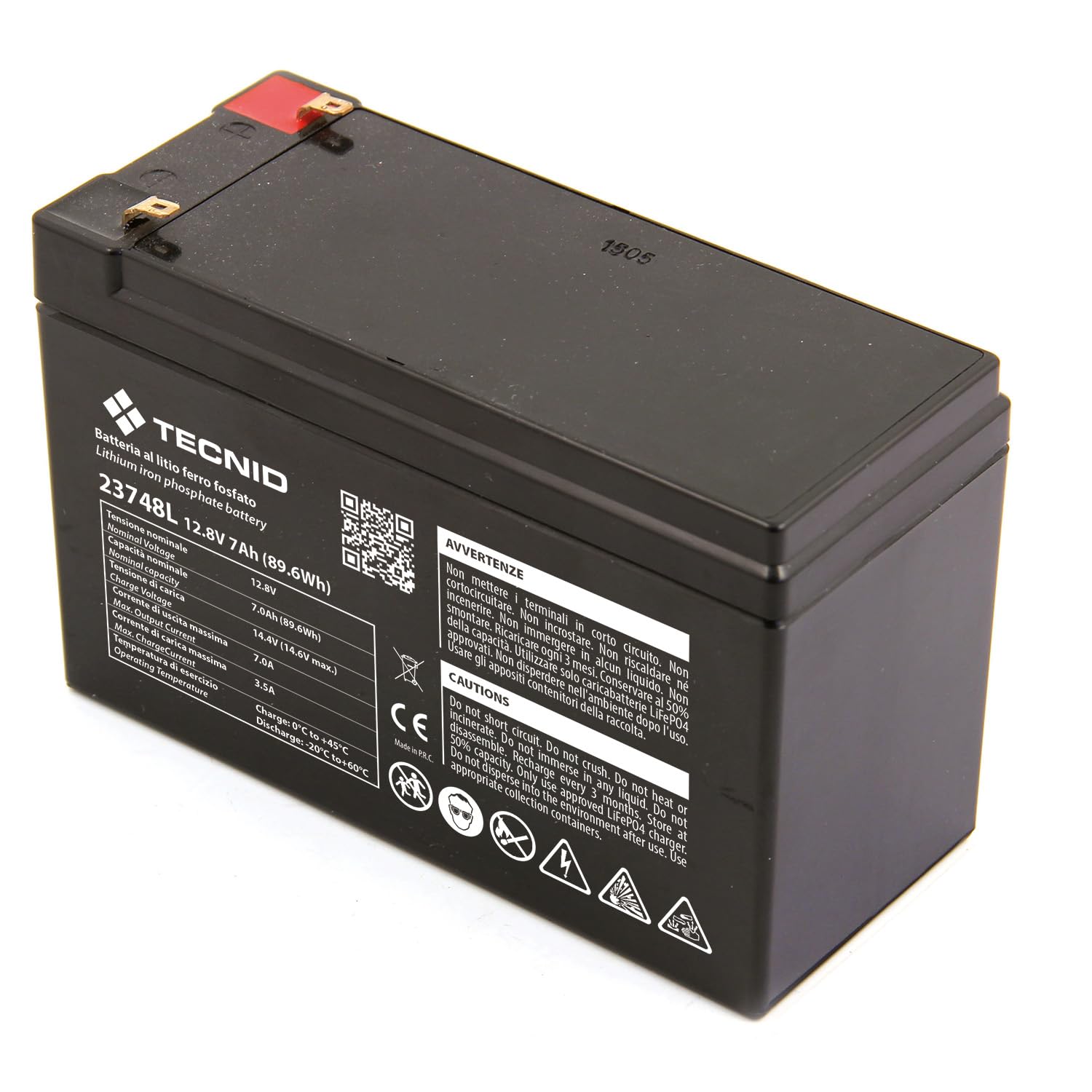 TECNID by Velamp 23748L - Batteria al Litio 12V 7Ah - Attacchi Faston F2 - Ideale per Sistemi di Backup, Allarme, Videosorveglianza, Antincendio, Domotica e UPS