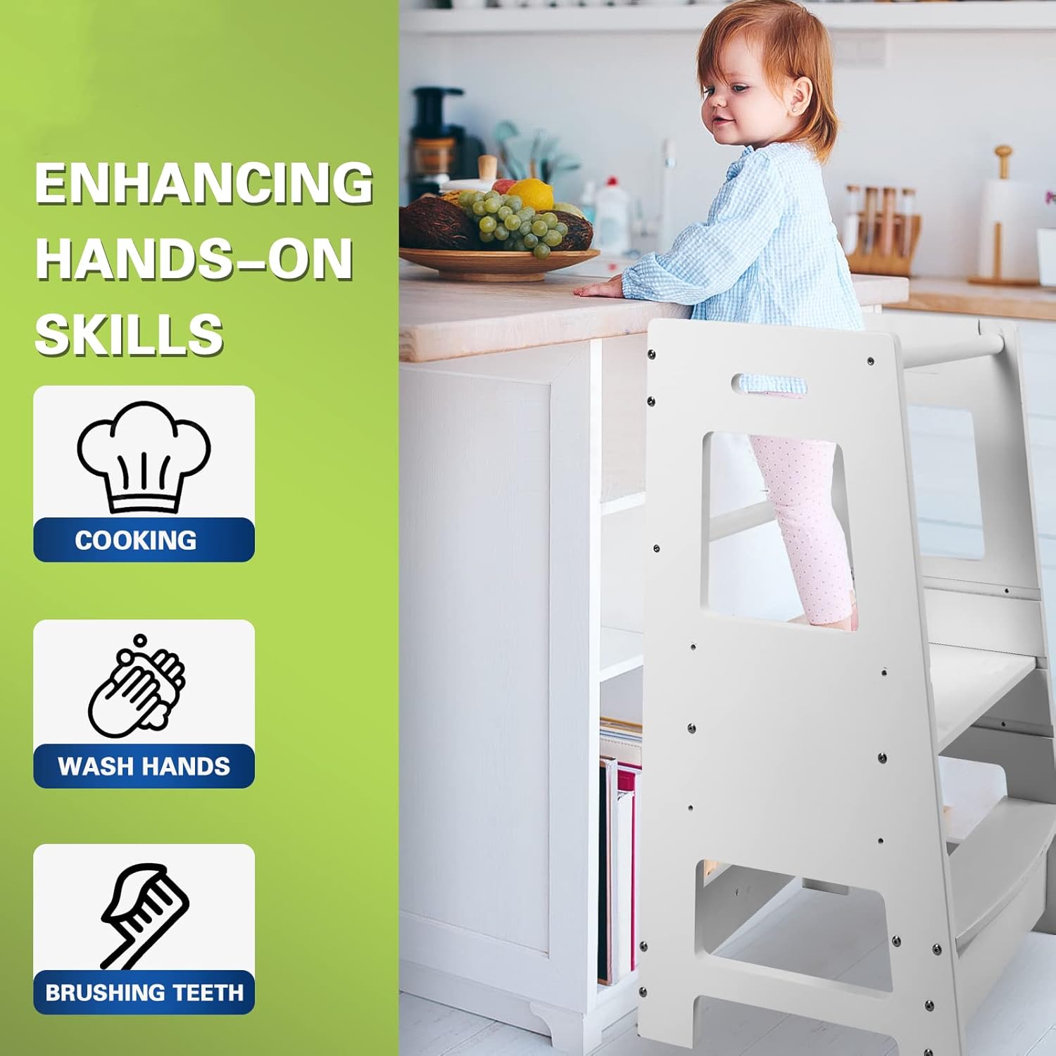 Ecomex Kitchen Step Stool for Toddlers with Safety Rail - Adjustable Height Little Helper Tower for Kitchen Counter and Bathroom Sink - Kids Wooden Standing Tower for Baby Cooking and Cleaning