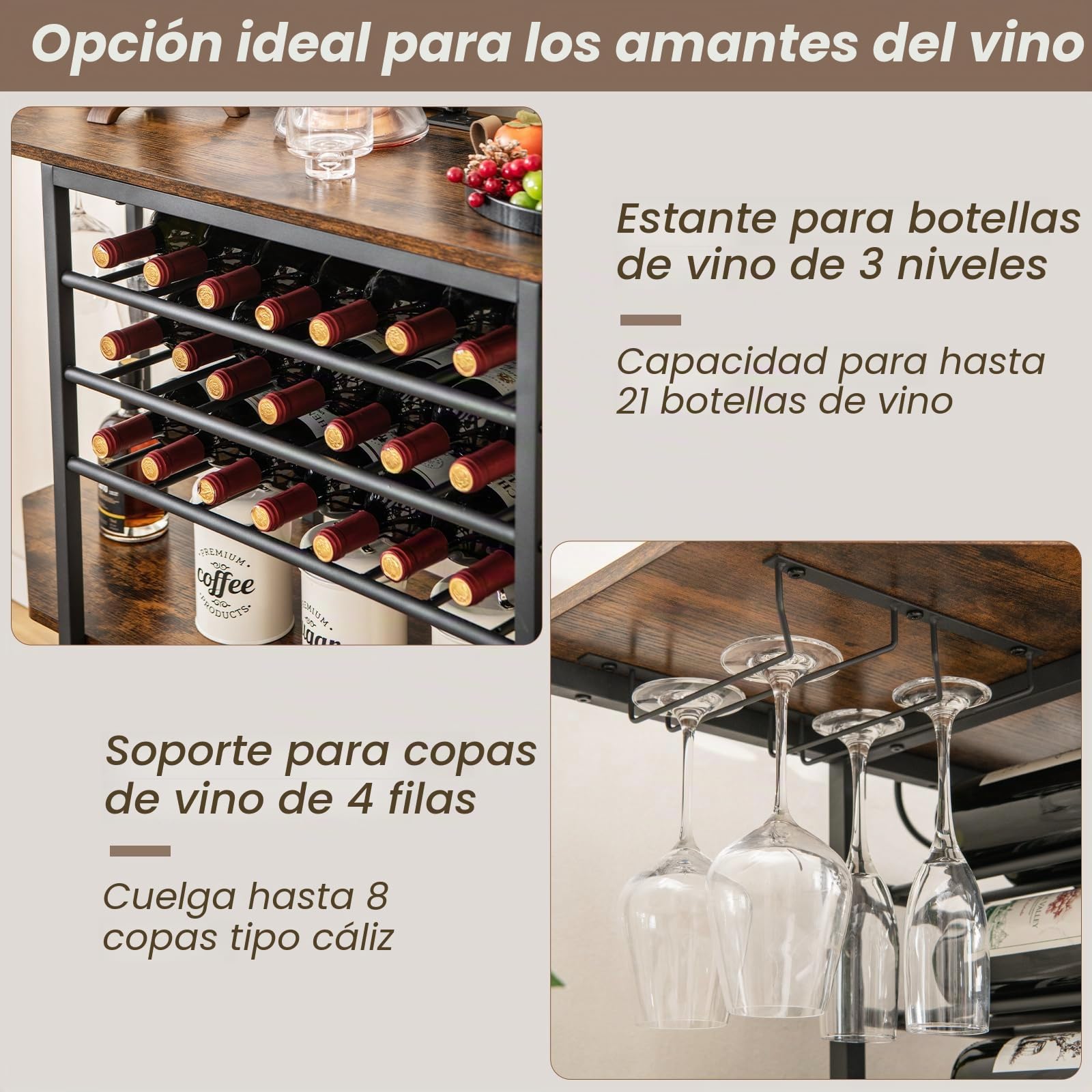 GIANTEX Aparador con Botellero para 21 Botellas, Estantería de 3 Niveles con Portavasos, Mueble Auxiliar con 2 Puertos USB y 2 Enchufes, 120 x 40 x 92 cm, para Bar, Comedor (Marrón)