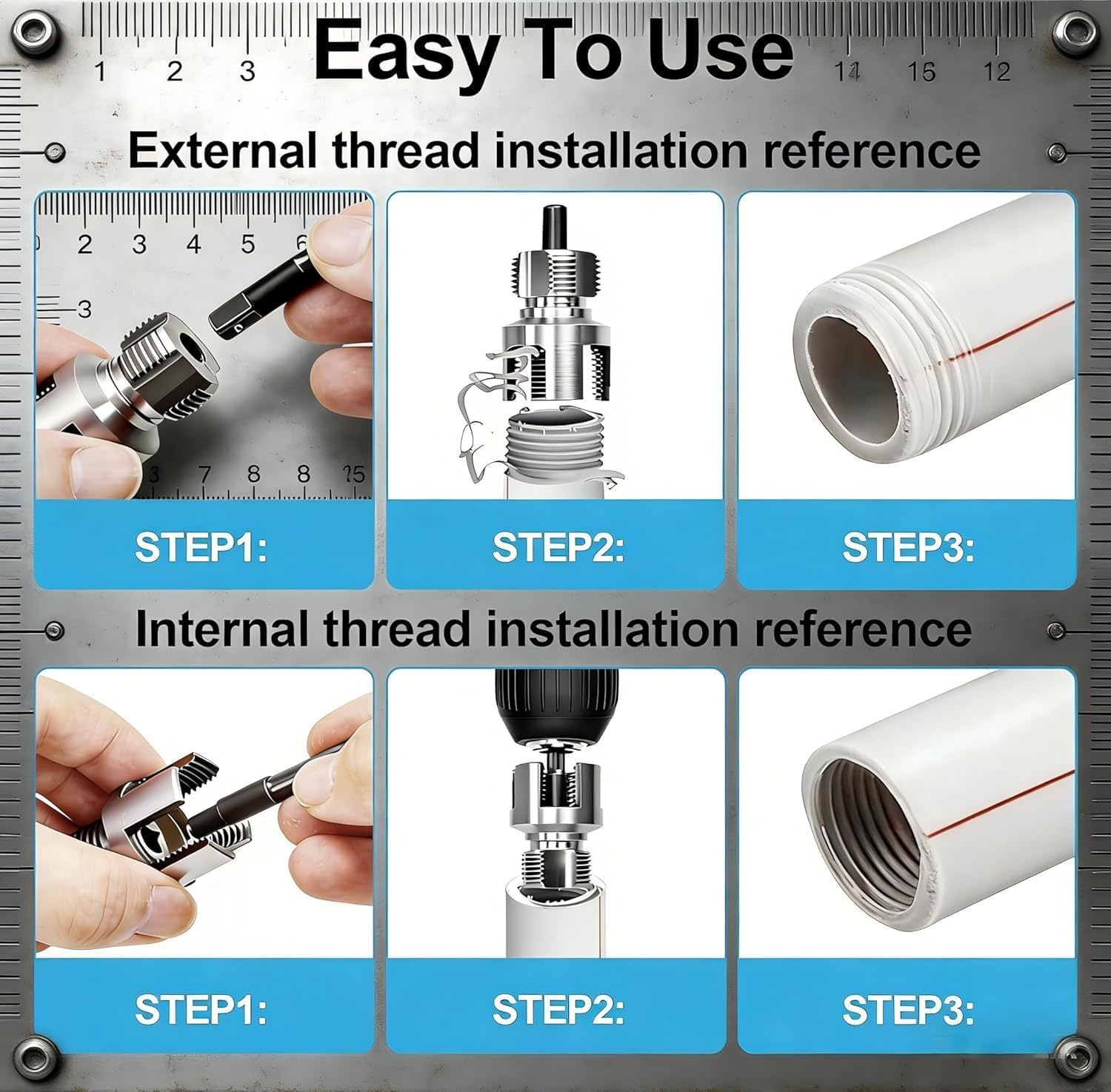3 PCS Integrated PVC Pipe Threading Tool, Premium Carbon Steel Dual-Function Internal & External Pipe Threader for 1/2", 3/4", 1" Sizes PVC Pipes Suit for All Electric Drills (1/2"+3/4"+1")
