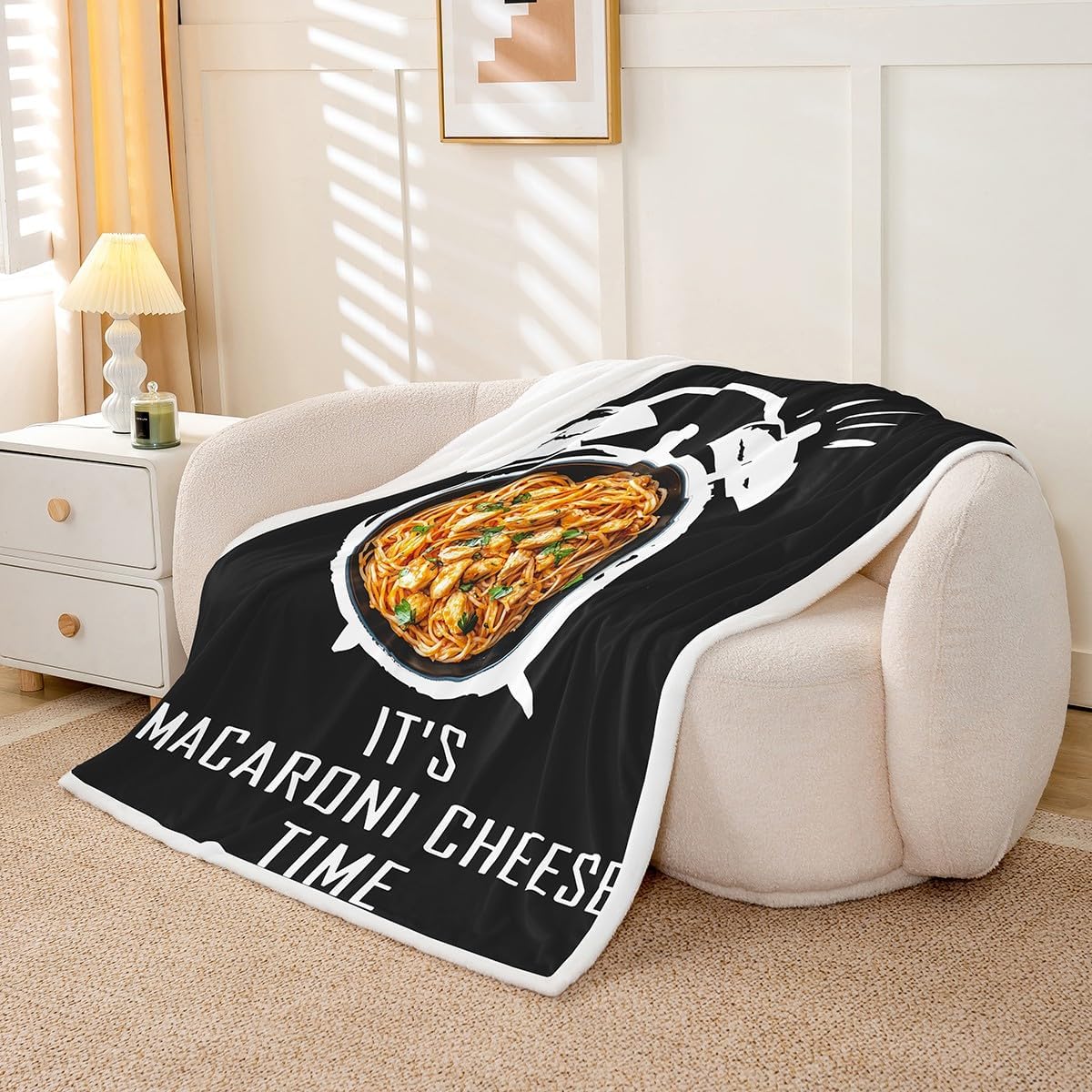 Erosebridal It's Macaroni Cheese Time Throw Blanket Funny Food Fleece Blanket for Kids Child Boys Teens,Noodles Alarm Clock Bed Blanket Creative Pasta Bedroom Decor 90"x90" Black