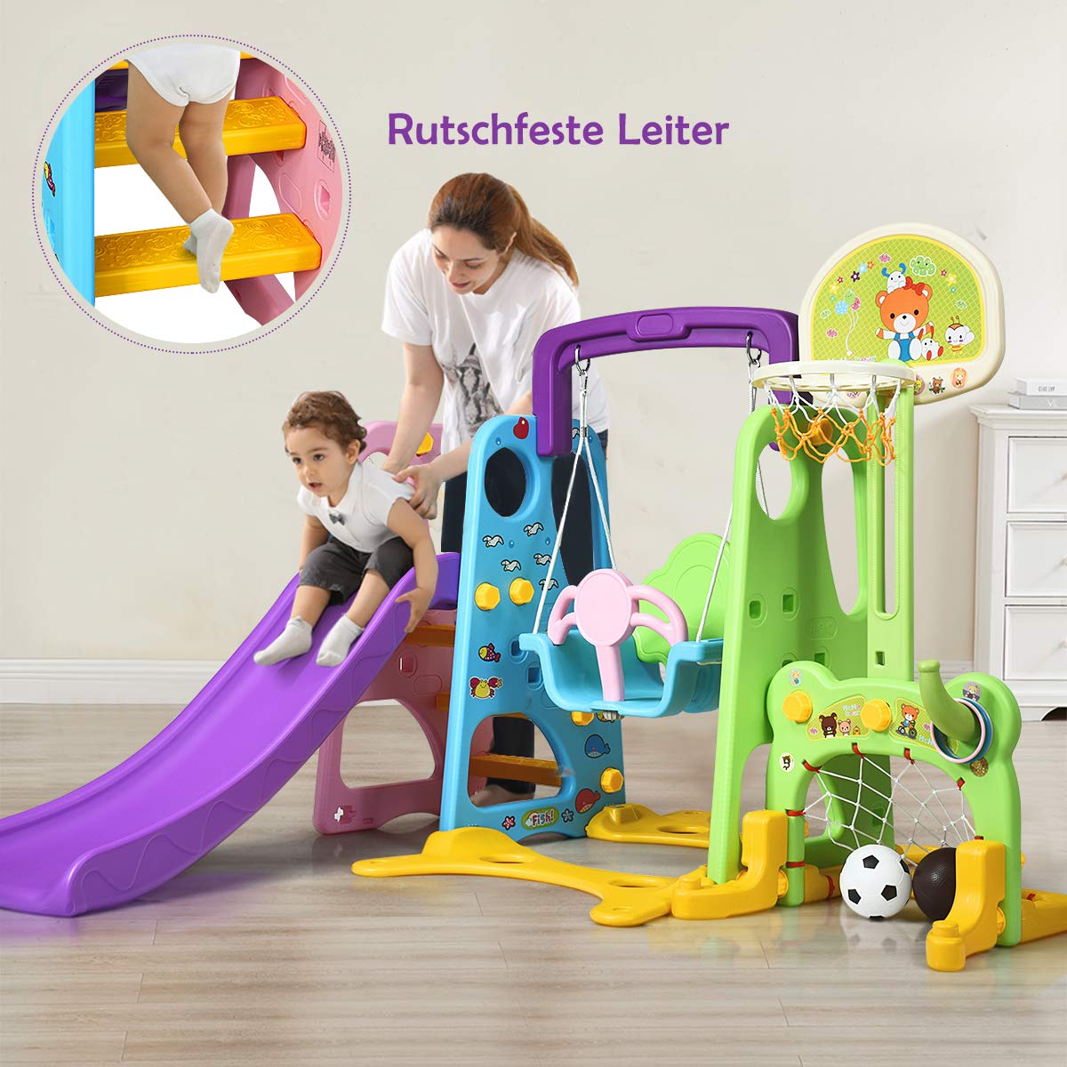 COSTWAY 6 in 1 Kinder Rutsche mit Schaukel, Kinderrutsche Indoor mit Basketballkorb & Fußballtor & Wurfspiel & Schreibtischplatte, Spielplatz Indoor & Outdoor für Kinder ab 3 Jahren