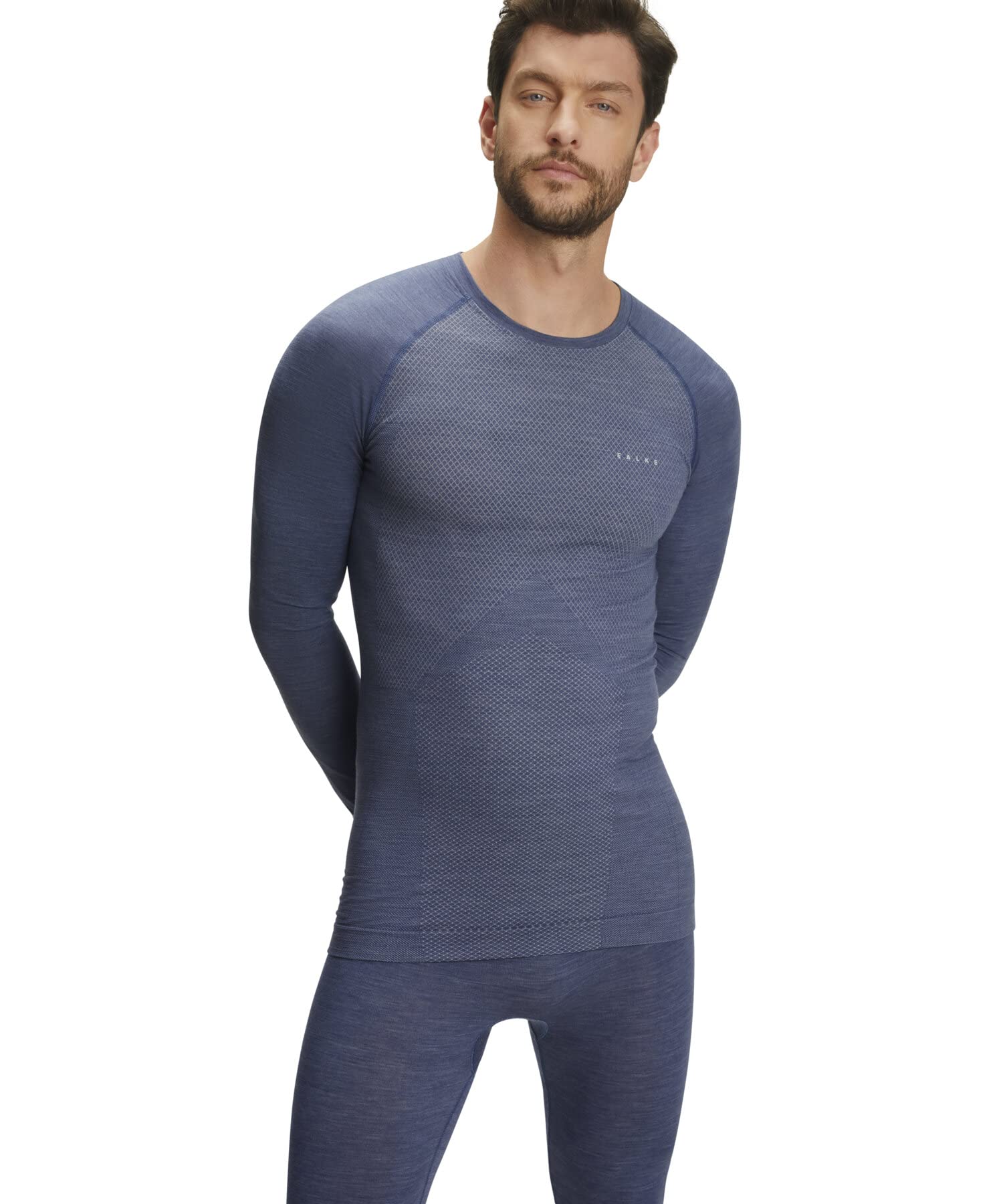 FALKE Mężczyźni Warstwa podstawowa (góra) Wool-Tech Light Round Neck M L/s Sh wełna materiał funkcjonalny regulujące klimat 1 Sztuka, Niebieski Capitain 6751-O, M