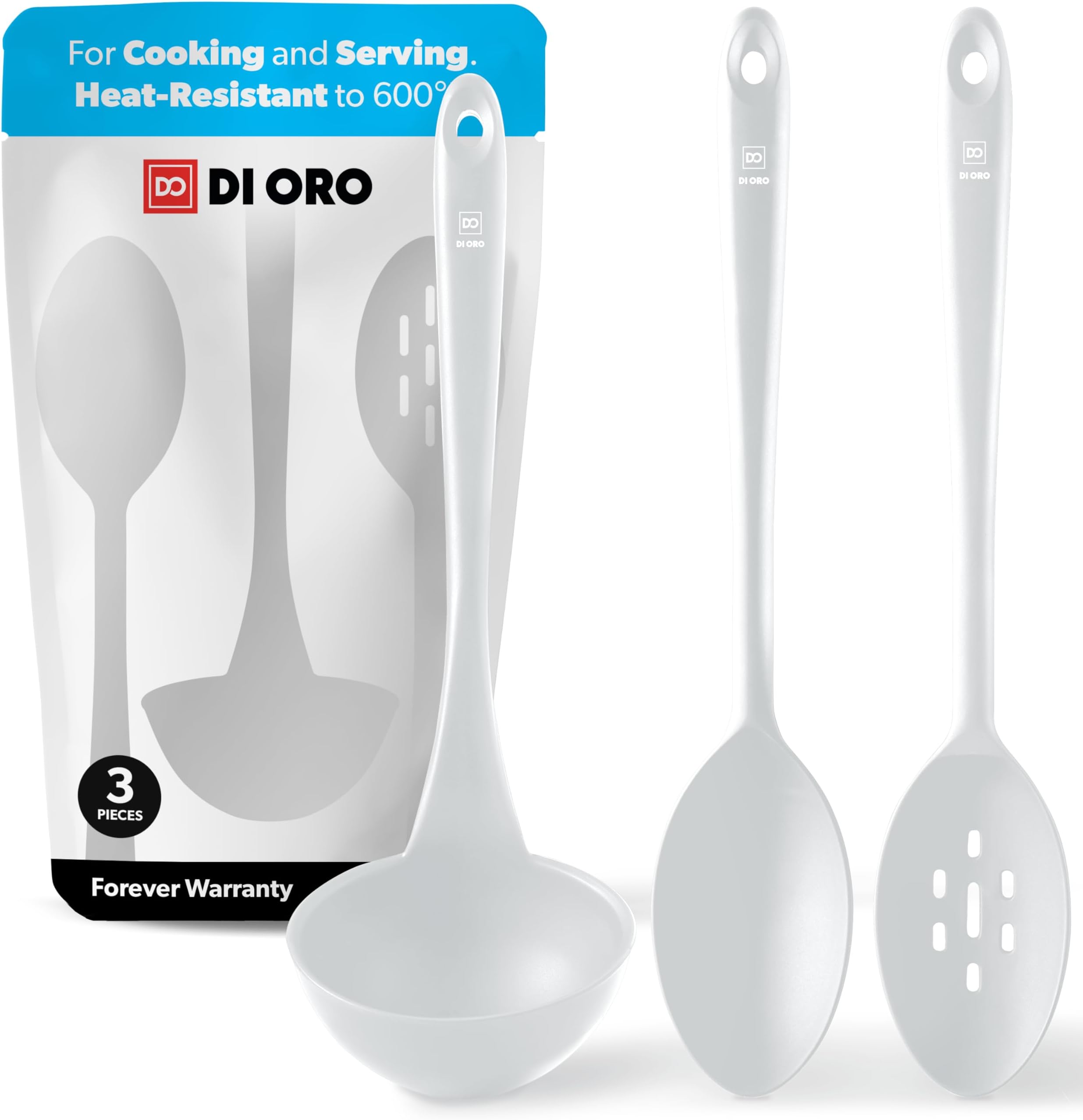 DI ORO Silicone Ladle & Spoons for Cooking – Large Kitchen Spoons for Mixing, Serving, & Stirring - Soup Ladle with Wide Bowl - High Heat Silicone Kitchen Utensils for Nonstick Cookware Safe (Stone)