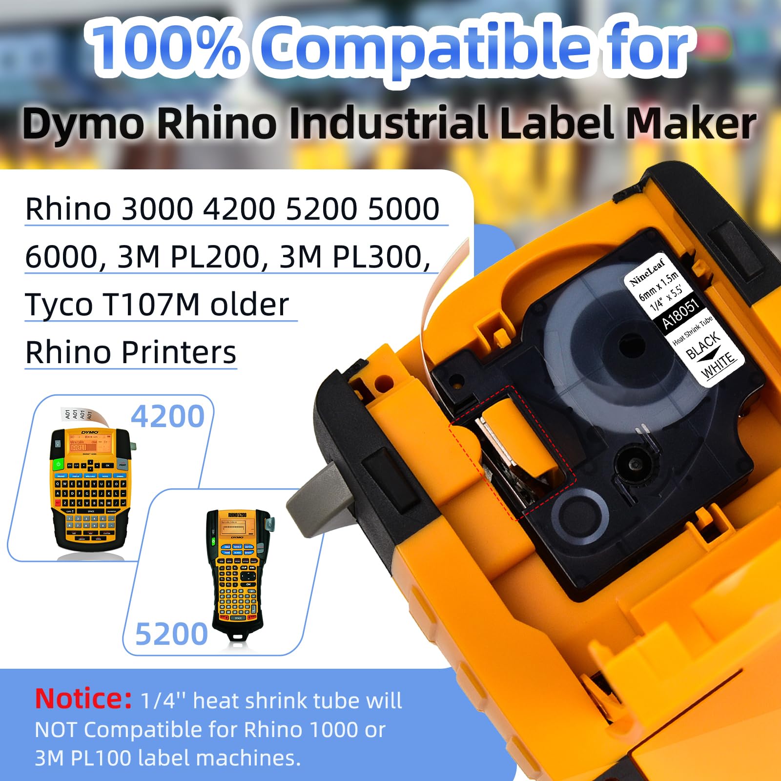 Nineleaf 10 x compatibles con DYMO 18051 Rhino Heat Shrink Tube Industry Label Tape 1/4" x 5ft negro en blanco para LabelWriter y Industrial Label Maker Rhino 1000 3000 4200 5000 5200 6000 450 Duo | Nineleaf Cintas de alambre compatibles con DYMO para eti