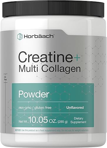 Horbäach Monohidrato de creatina en polvo, con colágeno y L-taurina, 10.05 onzas, sin sabor, para mujeres y hombres, sin OMG, sin gluten