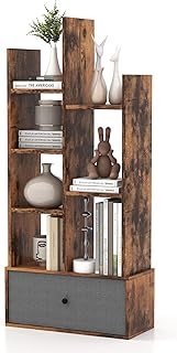 COSTWAY Tree Bookshelf, 7/12-Tier Wooden Bookcase Storage Shelving Unit with Folding Drawer, Freestanding Magazine Book Display Rack for Home Office Living Room (Rustic Brown with 1 Drawer, 7-Tier)