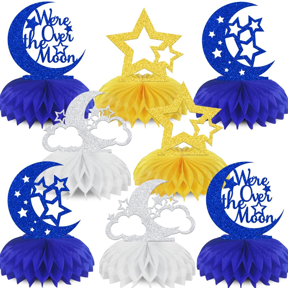 KEWUFD 8PCS We're Over The Mon Honeycomb Centerpieces Moon Themed Baby Shower Party Decorations Gender Reveal Decor Sign Space Themed Birthday Party
