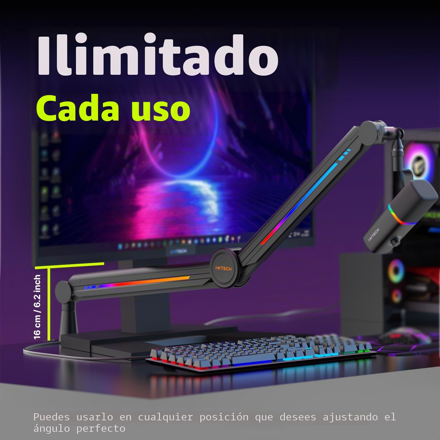 IXTECH Brazo de micrófono RGB de perfil alto, soporte de micrófono de brazo superior para escritorio, soporte de micrófono ajustable con soporte de escritorio, brazo de micrófono para transmisión en