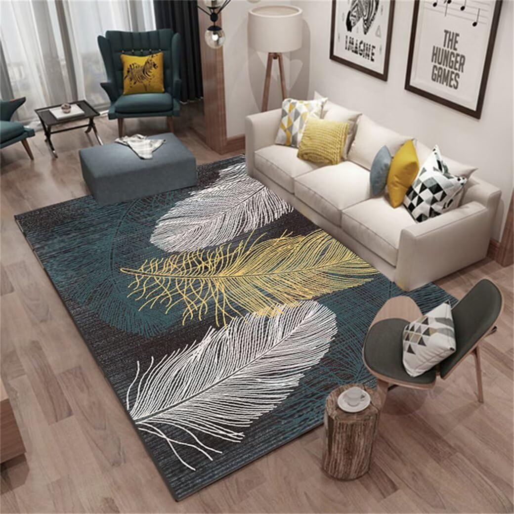 Tapis facile d'entretien jaune 160x200cm tapis salle à manger moderne imprimé plumes