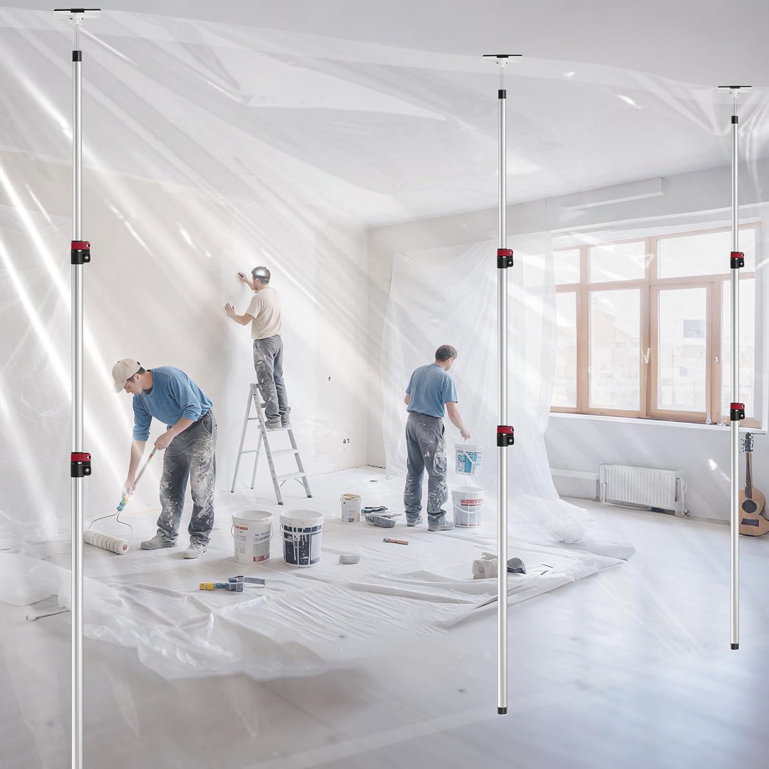 12FT Dust Barrier Poles 4 Pack withCarry Bag, Stainless Steel Retractable Zipper Wall Poles Kit for Renovation, Remodeling and Isolation Work