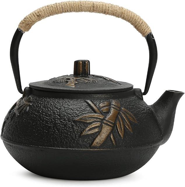 Wonfly Japanese Tetsubin Cast Iron Teapot, Bamboo Pattern Tea Kettle with Stainless Steel Infuser (900ml)