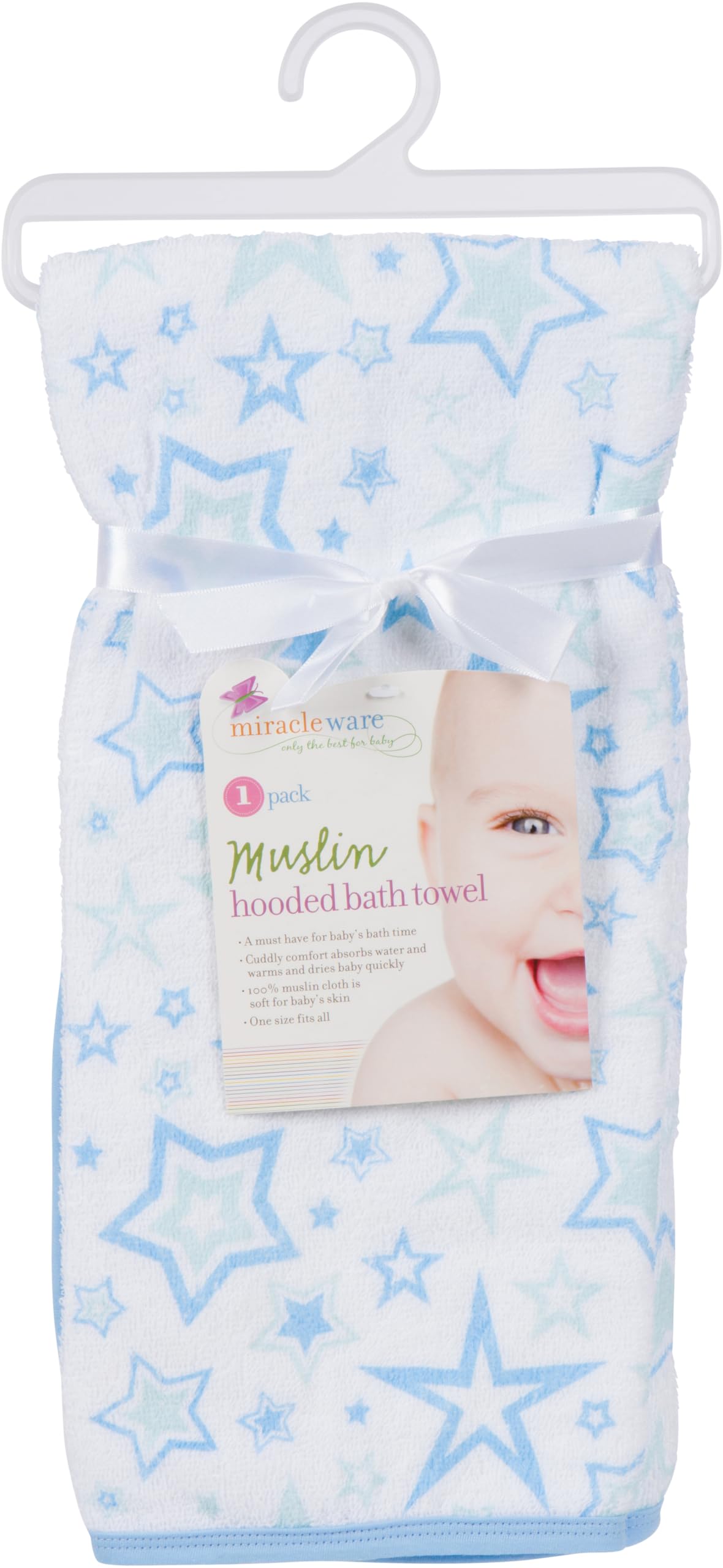 Baby Hooded Bath Towel - Super Soft Terry Cloth with Muslin Hood - Naturally Absorbent for Quick Drying - Gentle, Durable, &amp; Long-Lasting - Perfect for Newborns &amp; Infants (Blue Stars, 1-Pack)