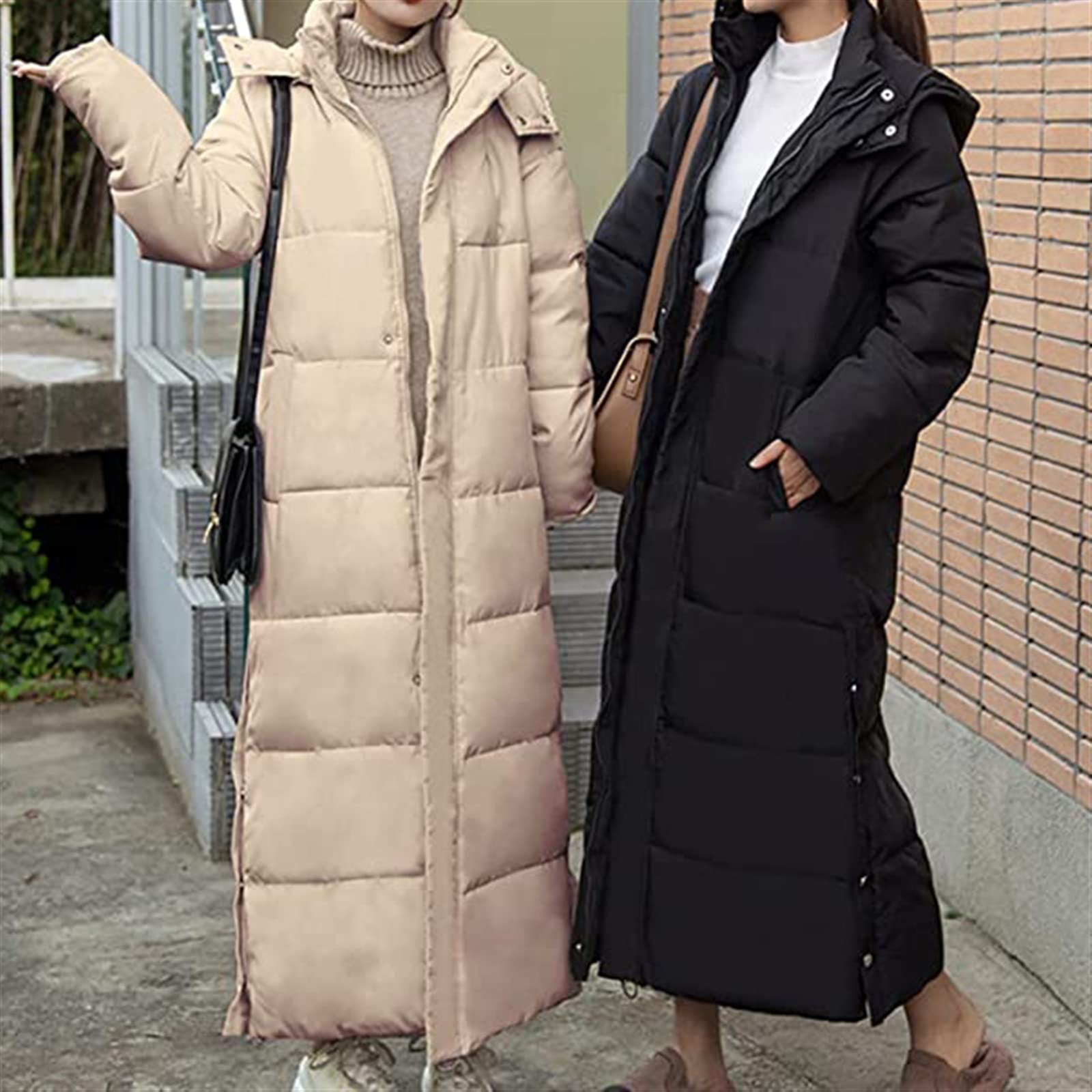 Chaqueta de Plumas Don Capucha para Mujer Abrigo Largo, Cálido y Acolchado Chaqueta de Invierno Monocromática Chaqueta Acolchada con Abertura hasta Los Tobillos Chaqueta de Plumas