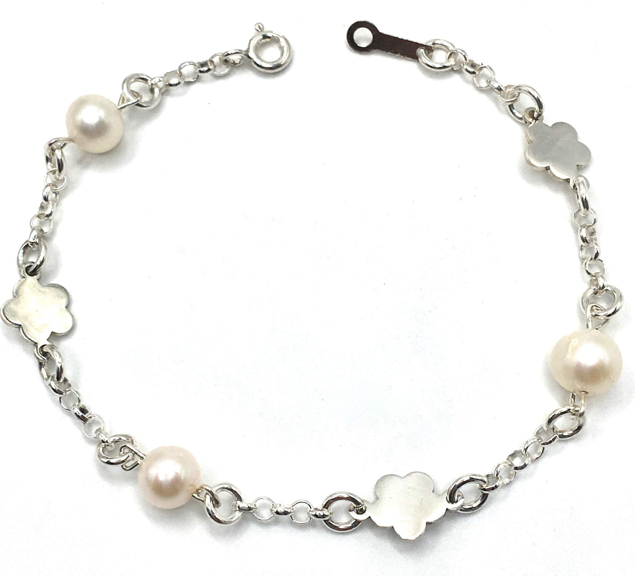 MASBARATA.ESPulsera COMUNION Perla Y Flores DE Plata DE Ley 925/1000.
