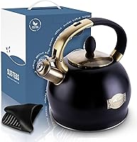 Vista 7 de SUSTEAS Tetera Silbante para Estufa - Tetera de Té de Acero Inoxidable Grado Alimenticio con Mango Ergonómico de Toque Frío, Con 1 Guante de Negro