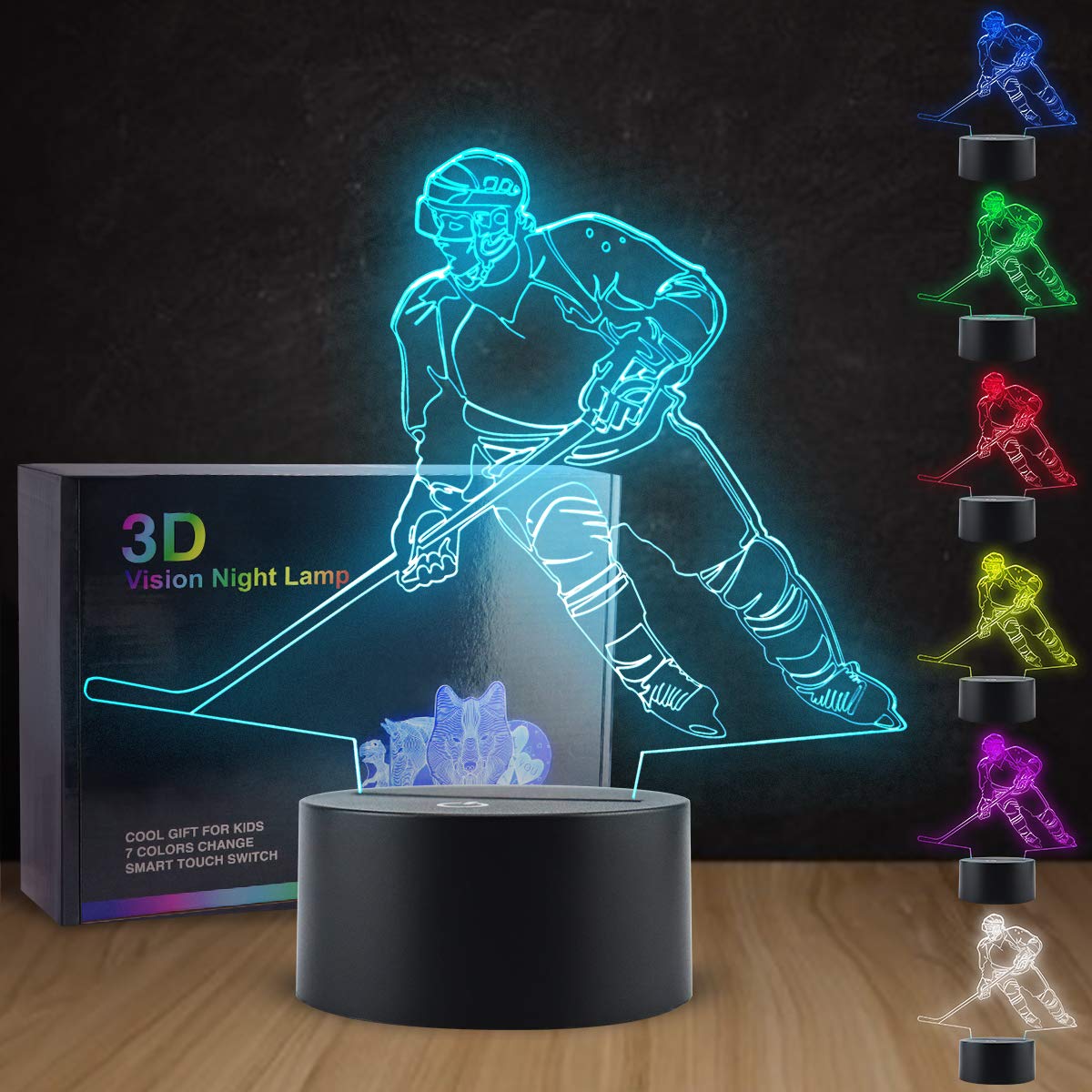 Playing Ice Hockey Lamp 3D Visual Playing Ice Hockey LED Nightlight Touch Switch Ice Hockey Desk Lamp 7 Changing Colors Acrylic Flat Lamp with USB Charger Battery for Room Decoration Festival Gifts