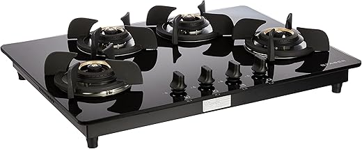 Faber Hob/Hobtop 4 Brass Burner Electric Auto Ignition, Glass Top (HOB ULTIMA HT724 CRS BR CI AI) – Black, 72 cm